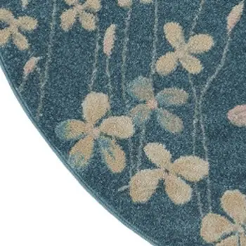 5' Turquoise and Cream Botanical Leaves Round Rug