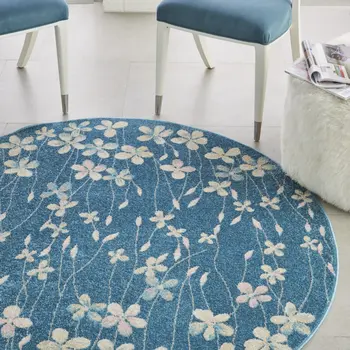 5' Turquoise and Cream Botanical Leaves Round Rug