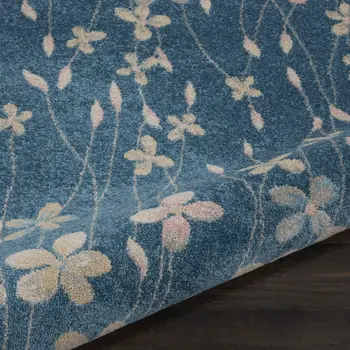 5' Turquoise and Cream Botanical Leaves Round Rug