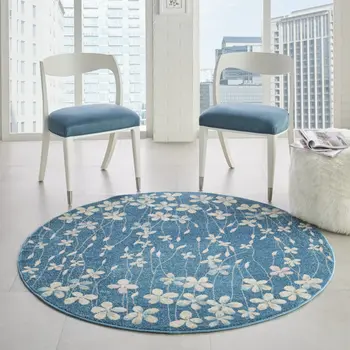 5' Turquoise and Cream Botanical Leaves Round Rug