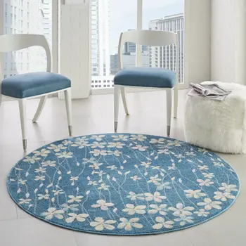 5' Turquoise and Cream Botanical Leaves Round Rug