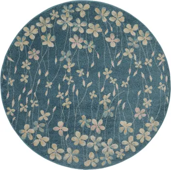 5' Turquoise and Cream Botanical Leaves Round Rug