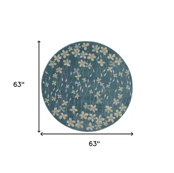 5' Turquoise and Cream Botanical Leaves Round Rug