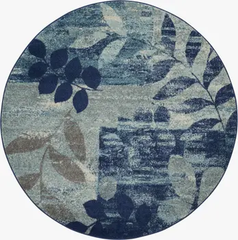 5' Navy Blue Light Blue and Gray Botanical Leaves Round Rug