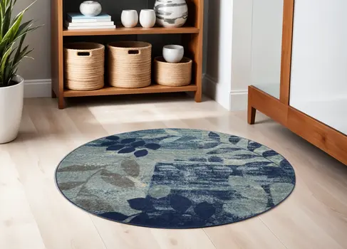 5' Navy Blue Light Blue and Gray Botanical Leaves Round Rug