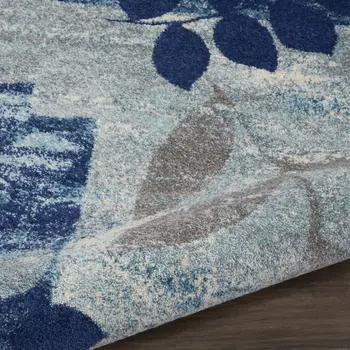 5' Navy Blue Light Blue and Gray Botanical Leaves Round Rug