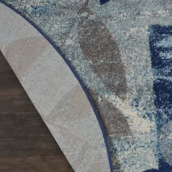 5' Navy Blue Light Blue and Gray Botanical Leaves Round Rug