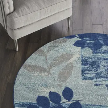 5' Navy Blue Light Blue and Gray Botanical Leaves Round Rug