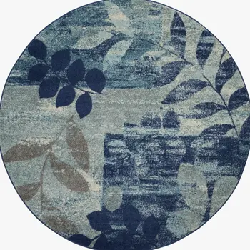 5' Navy Blue Light Blue and Gray Botanical Leaves Round Rug