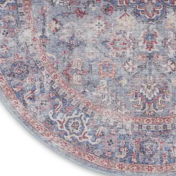 5' Blue and Purple Round Floral Power Loom Distressed Area Rug