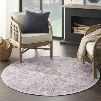 5' Blue and Purple Round Floral Power Loom Distressed Area Rug