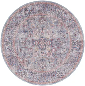 5' Blue and Purple Round Floral Power Loom Distressed Area Rug