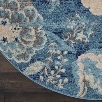 5' Turquoise Cream and Navy Blue Floral Distressed Round Rug