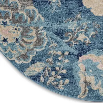 5' Turquoise Cream and Navy Blue Floral Distressed Round Rug