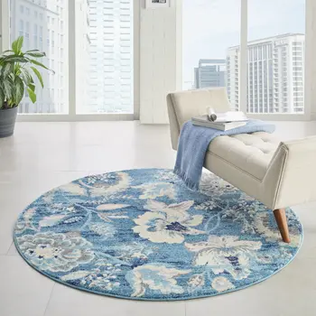 5' Turquoise Cream and Navy Blue Floral Distressed Round Rug