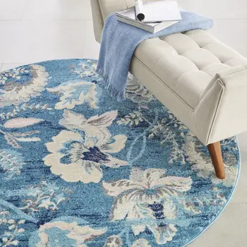 5' Turquoise Cream and Navy Blue Floral Distressed Round Rug