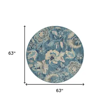 5' Turquoise Cream and Navy Blue Floral Distressed Round Rug