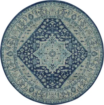 5' Ivory And Navy Blue Floral Medallion Distressed Round Rug