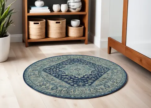 5' Ivory And Navy Blue Floral Medallion Distressed Round Rug