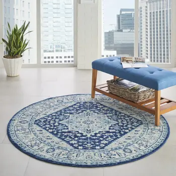 5' Ivory And Navy Blue Floral Medallion Distressed Round Rug
