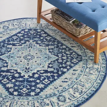 5' Ivory And Navy Blue Floral Medallion Distressed Round Rug