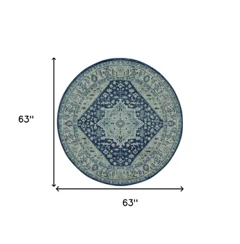 5' Ivory And Navy Blue Floral Medallion Distressed Round Rug