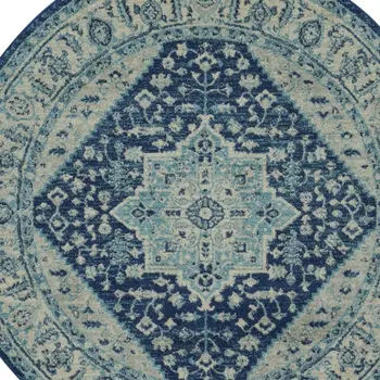 5' Ivory And Navy Blue Floral Medallion Distressed Round Rug