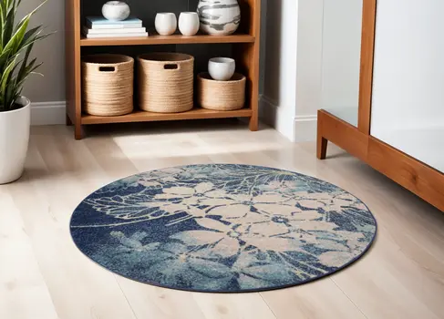 5' Navy Blue and Ivory Floral Round Rug