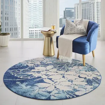 5' Navy Blue and Ivory Floral Round Rug