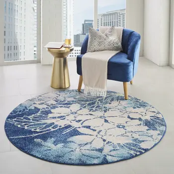 5' Navy Blue and Ivory Floral Round Rug