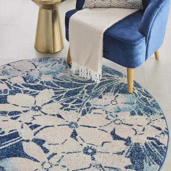 5' Navy Blue and Ivory Floral Round Rug