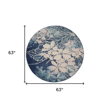 5' Navy Blue and Ivory Floral Round Rug