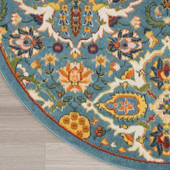 5' Teal and Ivory Round Floral Power Loom Area Rug