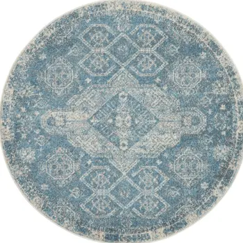 5' Ivory and Light Blue Oriental Distressed Round Rug