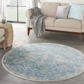 5' Ivory and Light Blue Oriental Distressed Round Rug