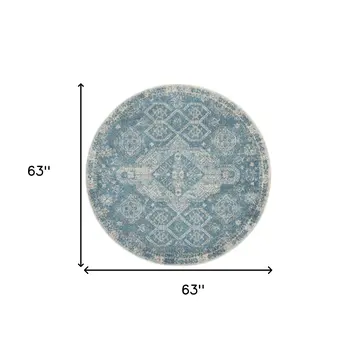 5' Ivory and Light Blue Oriental Distressed Round Rug