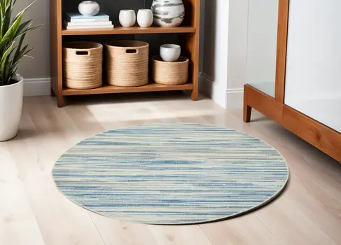 5' Ivory Blue and Gray Abstract Round Rug