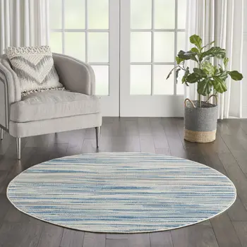 5' Ivory Blue and Gray Abstract Round Rug