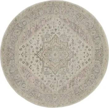 5' Ivory Pink And Gray Floral Medallion Distressed Round Rug