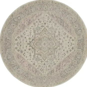 5' Ivory Pink And Gray Floral Medallion Distressed Round Rug