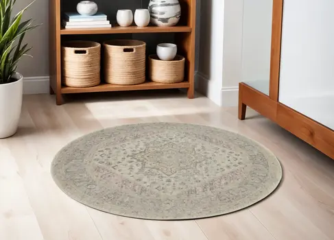 5' Ivory Pink And Gray Floral Medallion Distressed Round Rug