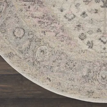 5' Ivory Pink And Gray Floral Medallion Distressed Round Rug