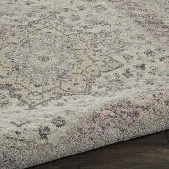 5' Ivory Pink And Gray Floral Medallion Distressed Round Rug