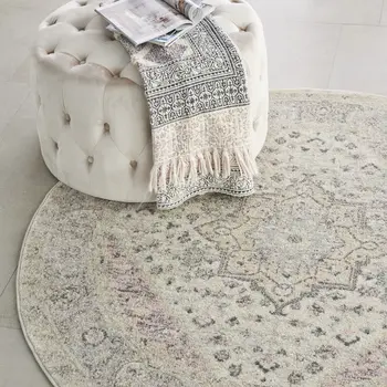 5' Ivory Pink And Gray Floral Medallion Distressed Round Rug