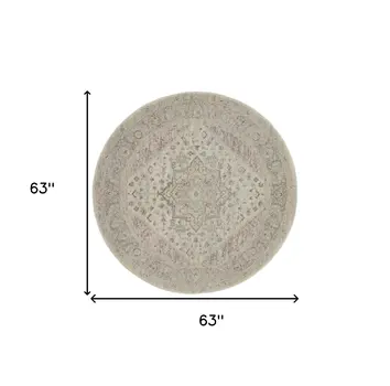 5' Ivory Pink And Gray Floral Medallion Distressed Round Rug