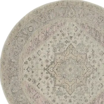 5' Ivory Pink And Gray Floral Medallion Distressed Round Rug