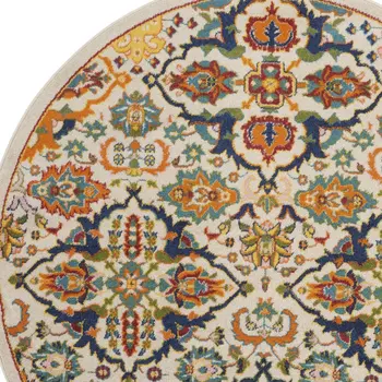 5' Ivory and Blue Round Floral Power Loom Area Rug
