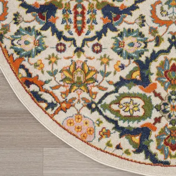 5' Ivory and Blue Round Floral Power Loom Area Rug