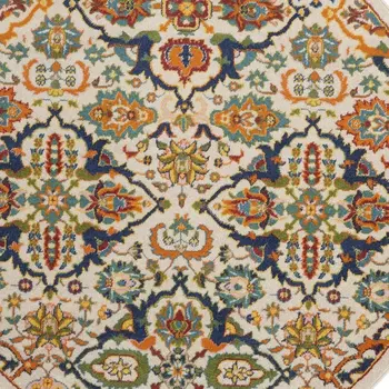 5' Ivory and Blue Round Floral Power Loom Area Rug