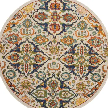 5' Ivory and Blue Round Floral Power Loom Area Rug